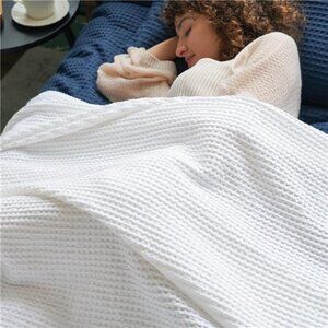 100% Cotton Waffle Weave Blanket Queen Size 90"x90"-Lightweight Cozy Washed Soft